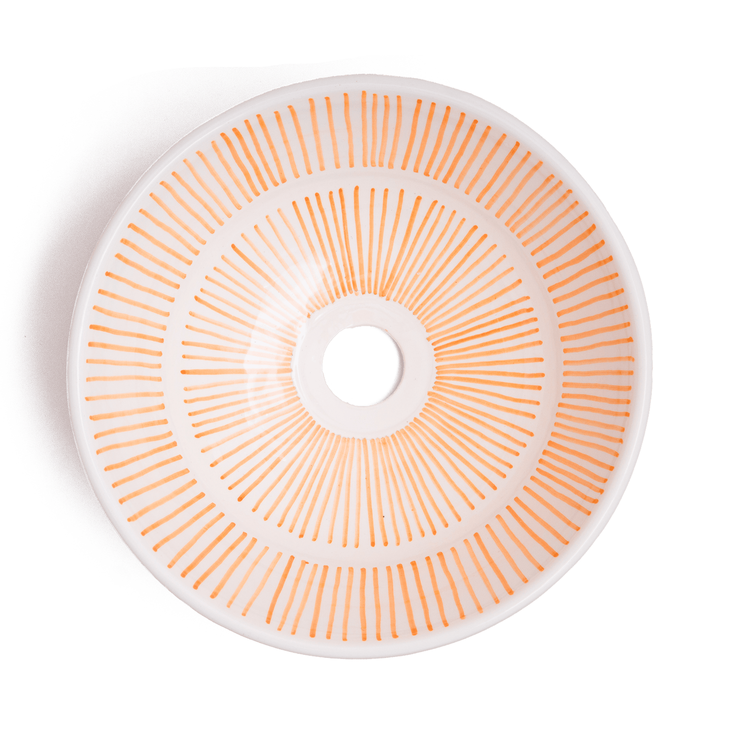Overhead view of Moroccan round ceramic basin displaying full radial sunburst pattern with central drain opening