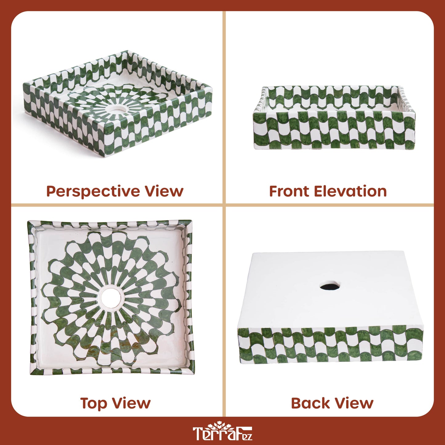 Comprehensive four-panel product photography showing perspective, front elevation, top view, and back view of square ceramic vessel sink