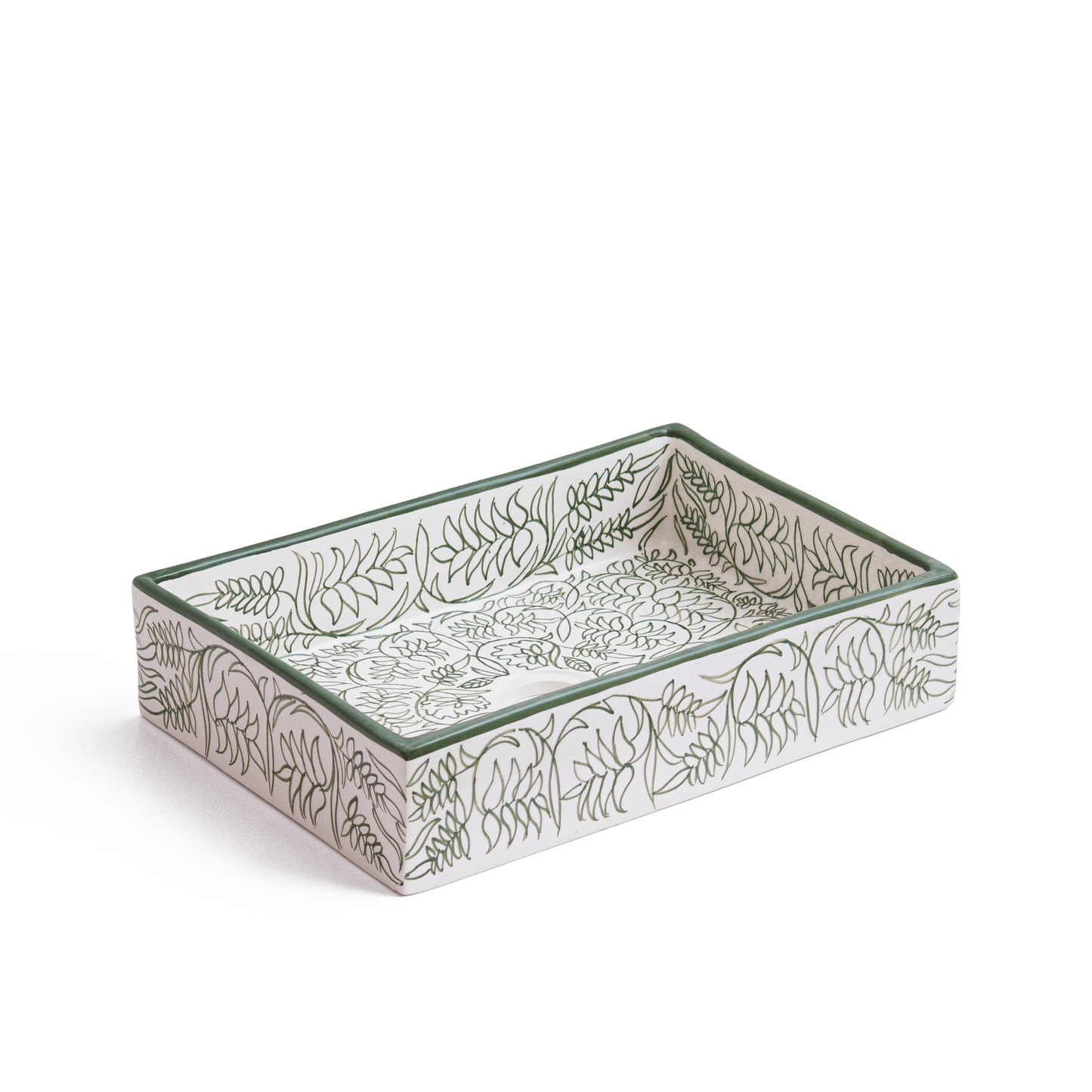 Three-dimensional perspective view of rectangular ceramic sink displaying green botanical line art on white ceramic surface