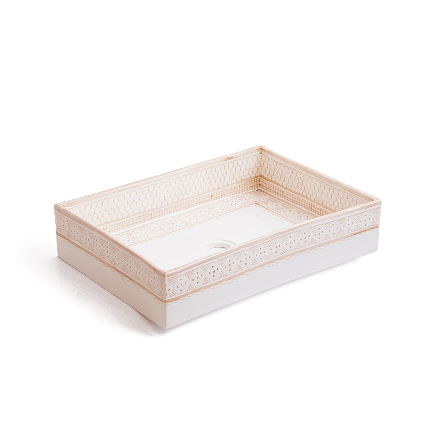 Angled perspective of rectangular ceramic basin showcasing three-dimensional form and pattern depth