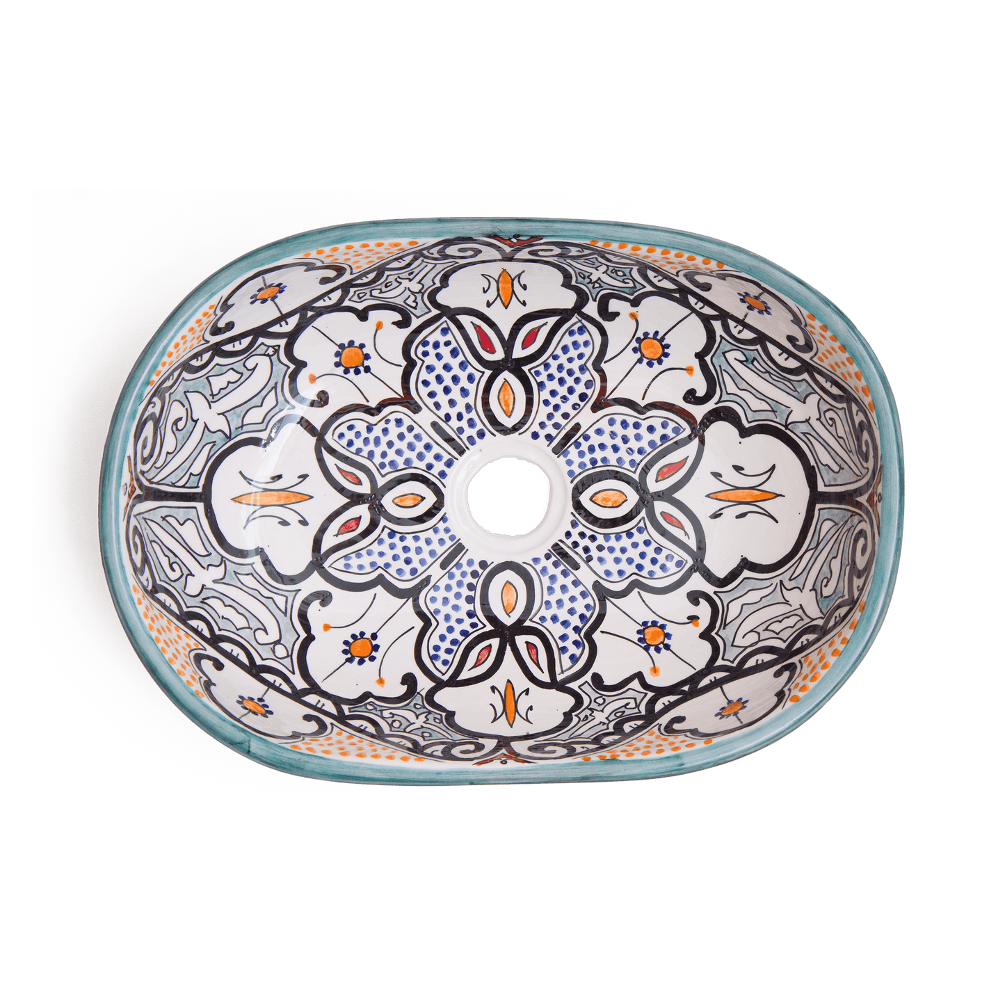 Top-down view of oval ceramic basin displaying central medallion and radiating patterns