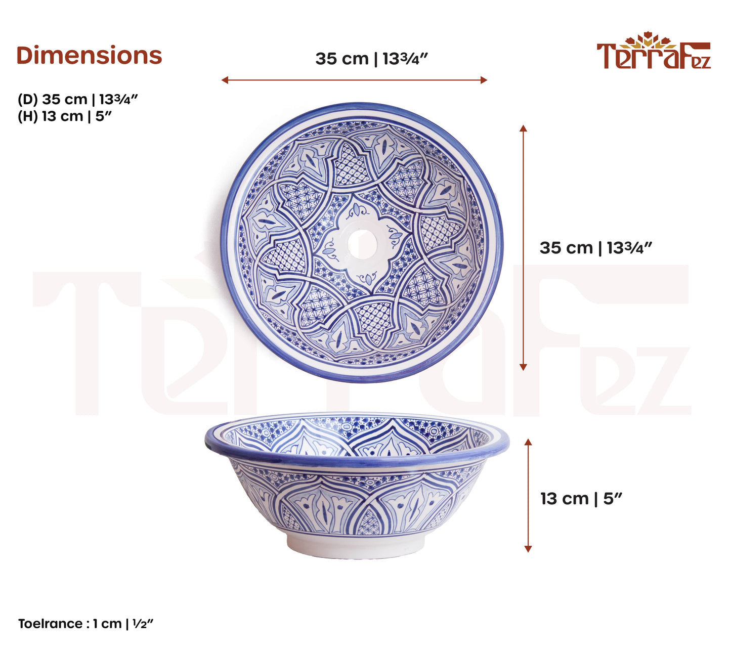 Technical specifications displaying round ceramic vessel sink measurements and blue geometric pattern details