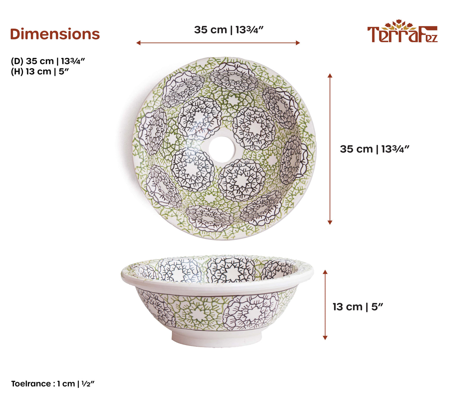 Technical specifications showing dimensions and measurements of Moroccan ceramic wash basin with geometric pattern