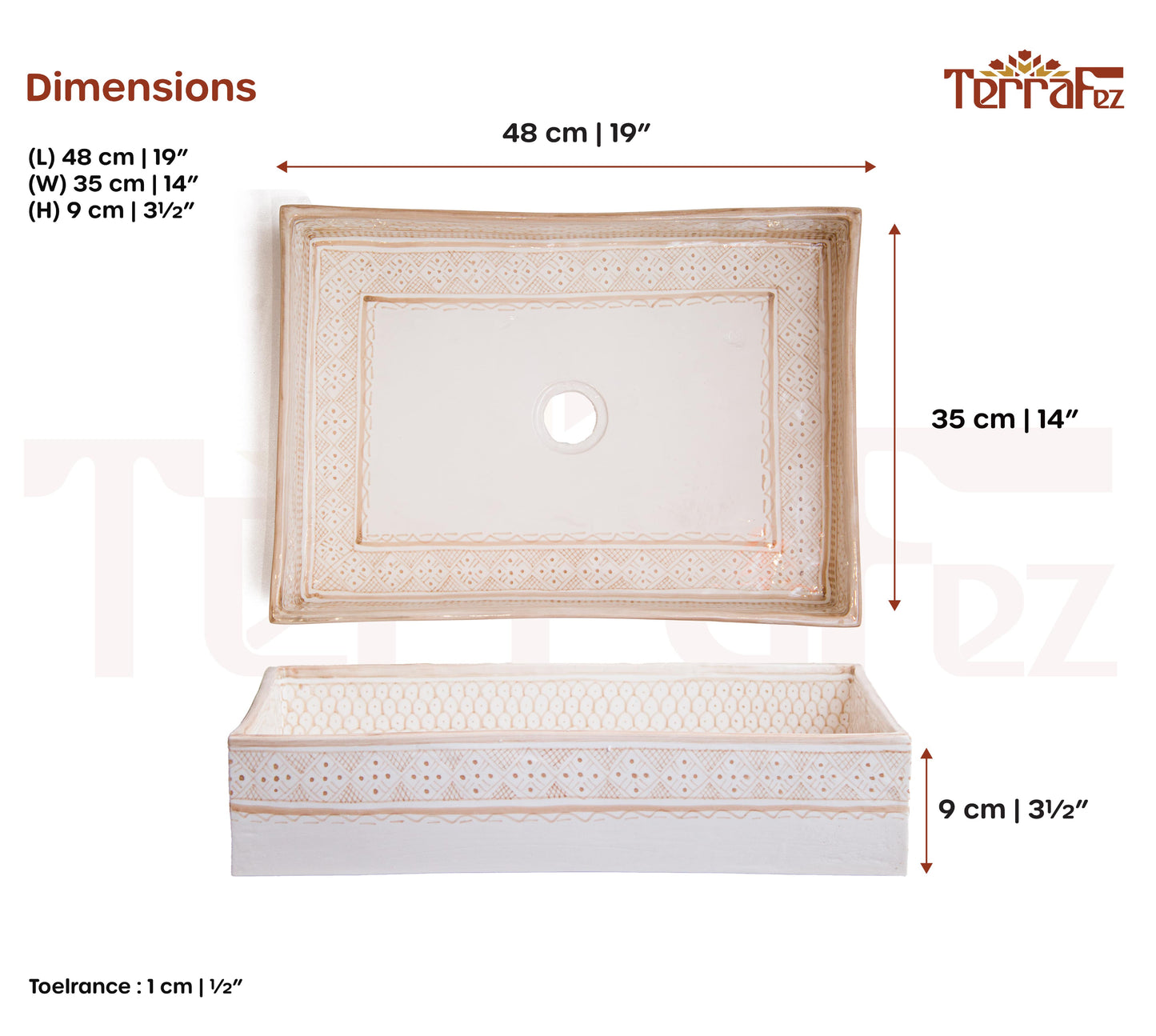 Technical specifications displaying rectangular vessel sink measurements and beige geometric pattern details