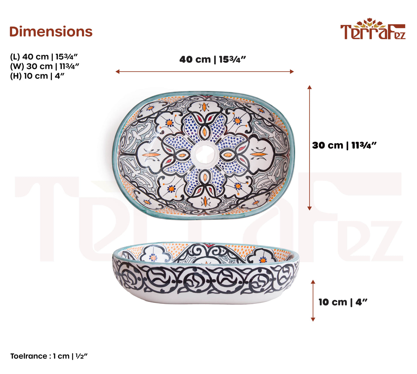 Technical specifications displaying oval ceramic vessel sink measurements and geometric pattern details