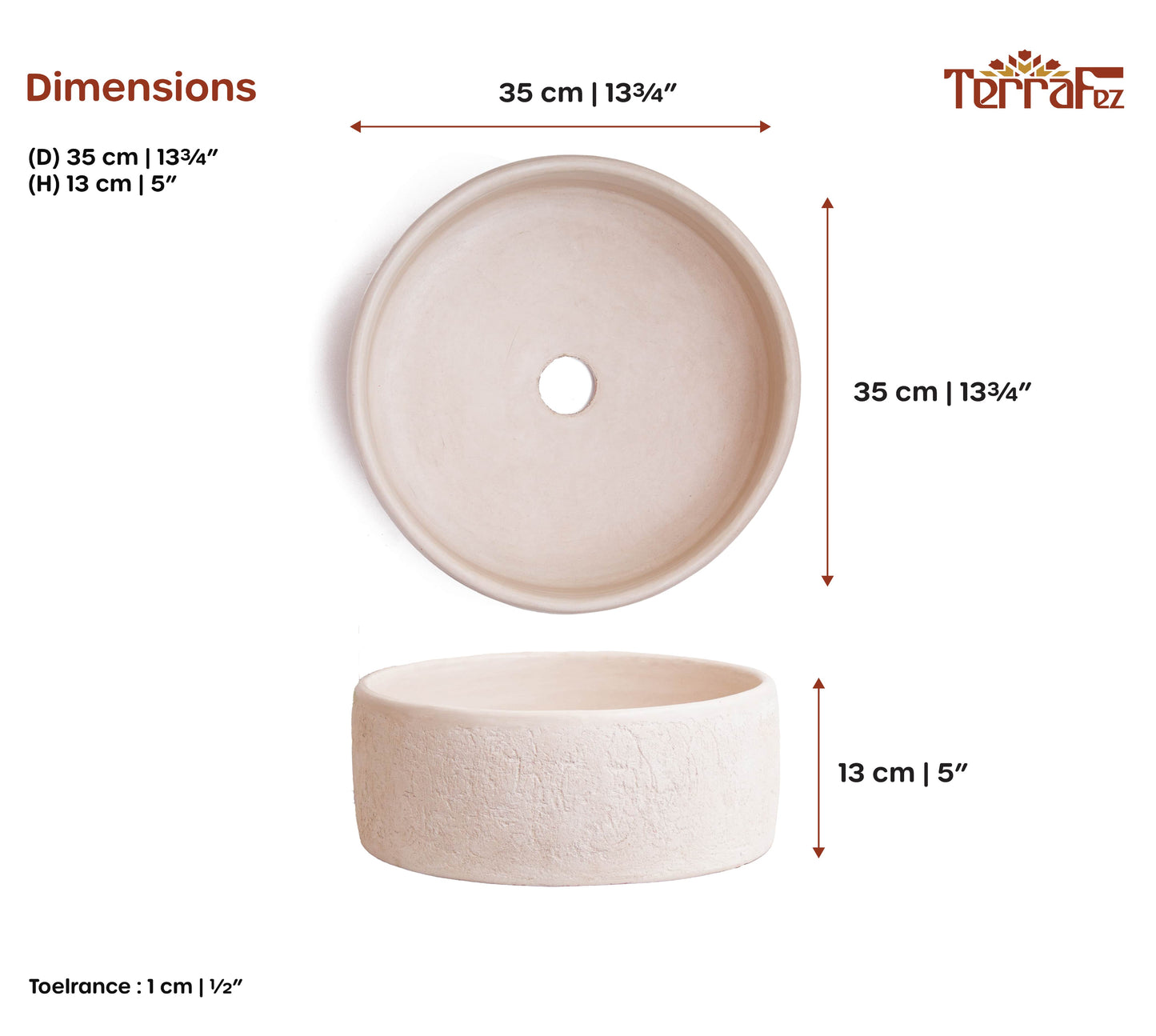 Technical specification sheet displaying dimensions and measurements of handcrafted ceramic vessel sink