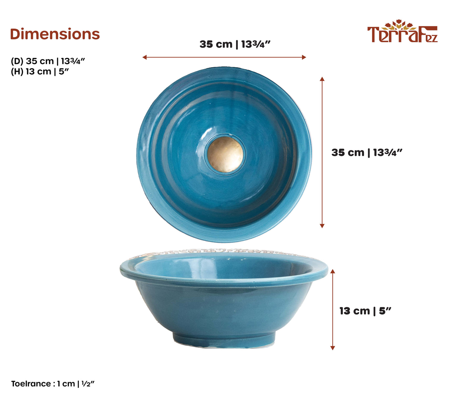 Technical dimensions diagram showing top and side view measurements of blue ceramic vessel sink with 35cm diameter specifications
