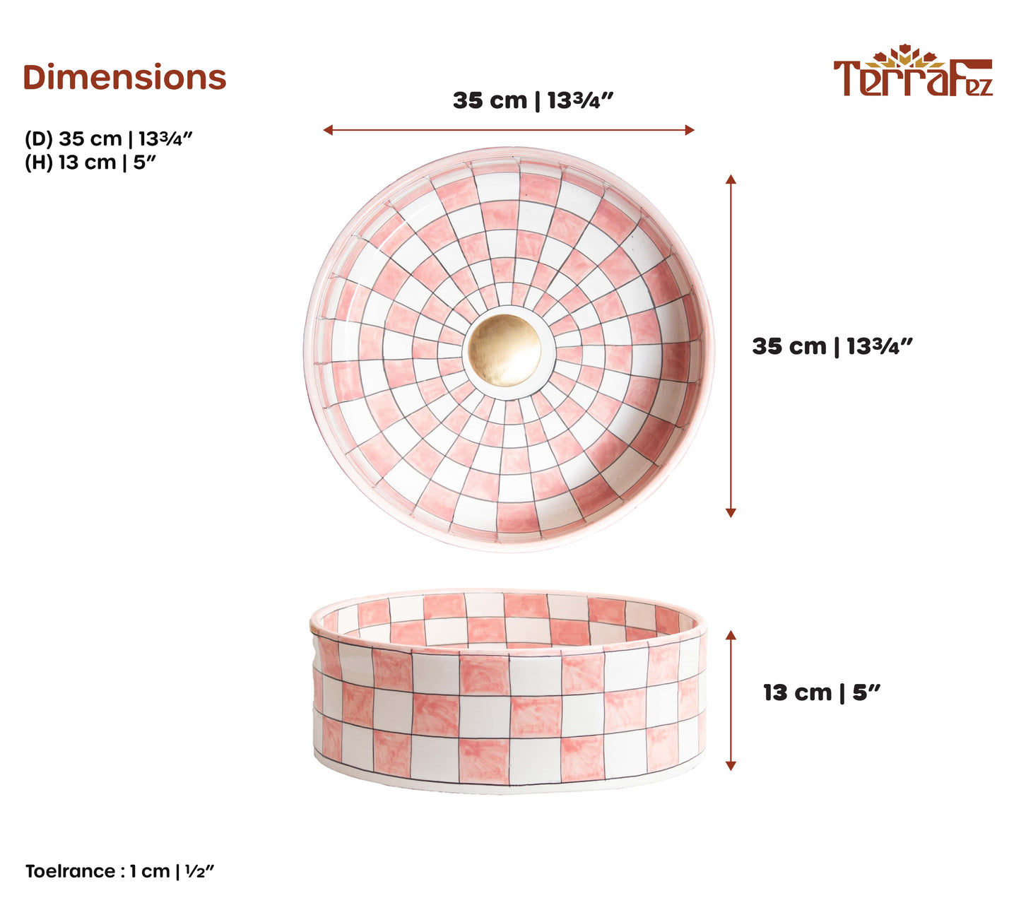 Technical dimensions diagram showing top and side view measurements of ceramic vessel sink with pink and white checkered pattern and 35cm diameter specifications