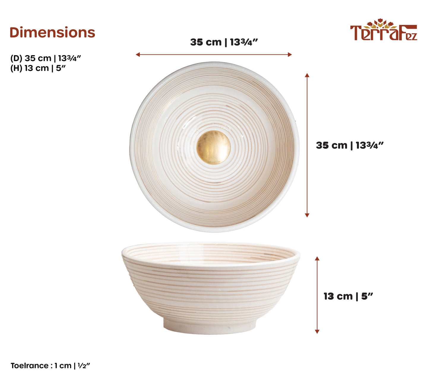 Technical dimensions diagram showing top and side view measurements of cream ceramic vessel sink with 35cm diameter specifications and gold drain detail