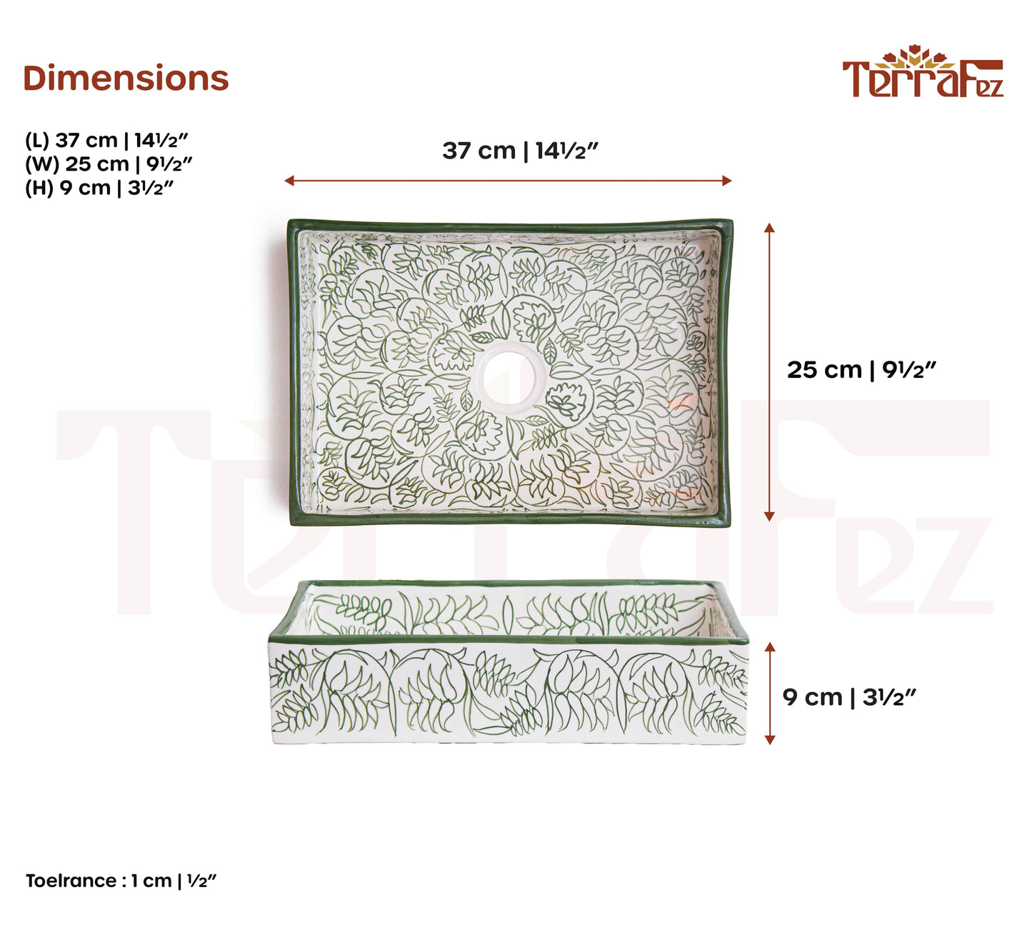 Technical specification sheet showing dimensions and measurements of handcrafted Moroccan ceramic bathroom sink with botanical green line patterns