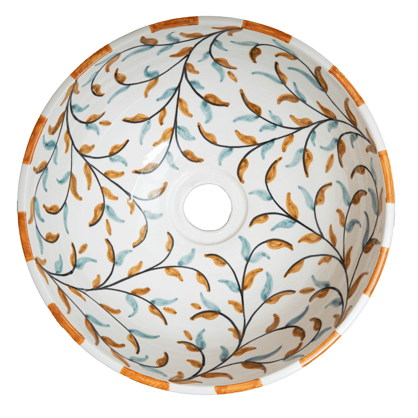 Top-down interior view of ceramic vessel sink showing olive leaf and branch pattern with central drain opening