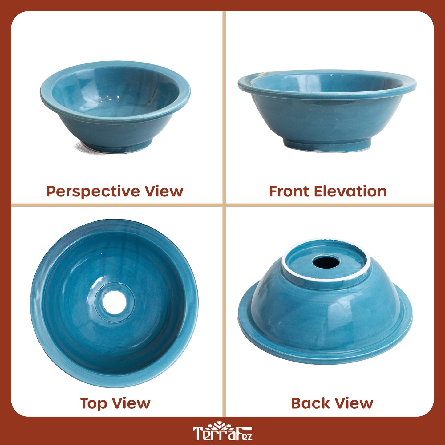 Handcrafted blue ceramic vessel sink shown in four different angles - perspective, front elevation, top view, and back view displaying the interior bowl and drain opening