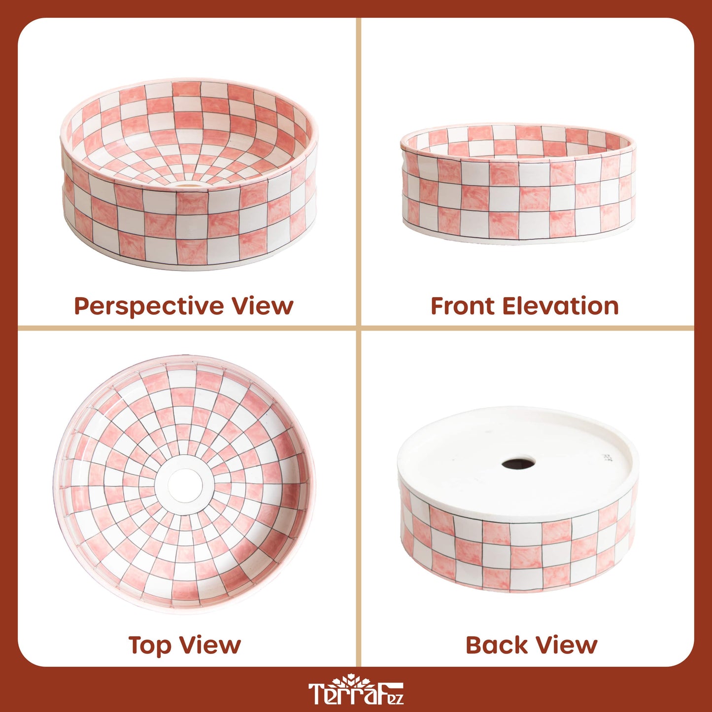 Handcrafted ceramic vessel sink with pink and white checkered pattern shown in four different angles - perspective view, front elevation, top view, and back view