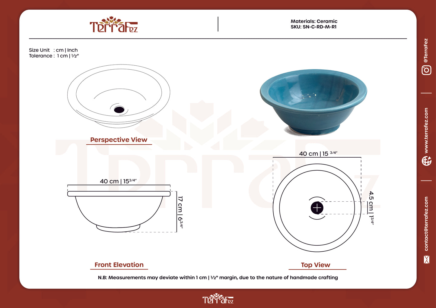 Technical drawing and specifications sheet for blue ceramic vessel sink showing detailed measurements, perspective view, and product dimensions