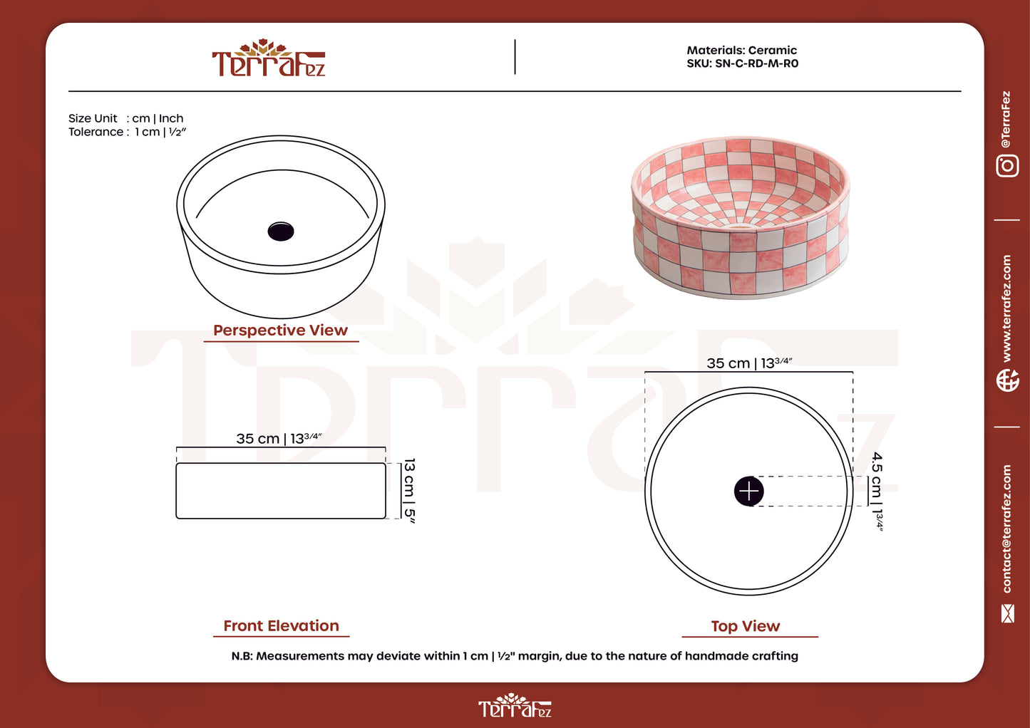 Technical drawing and specifications sheet for ceramic vessel sink with checkered motif showing detailed measurements and product dimensions