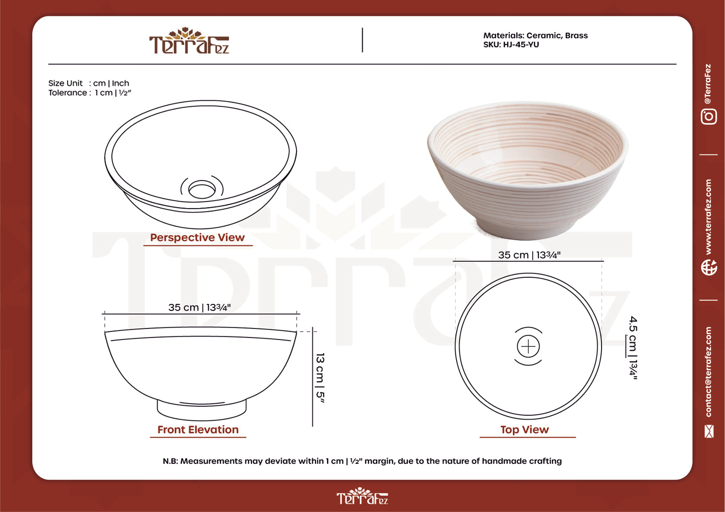 Technical drawing and specifications sheet for cream ceramic vessel sink showing detailed measurements, perspective view, and product dimensions