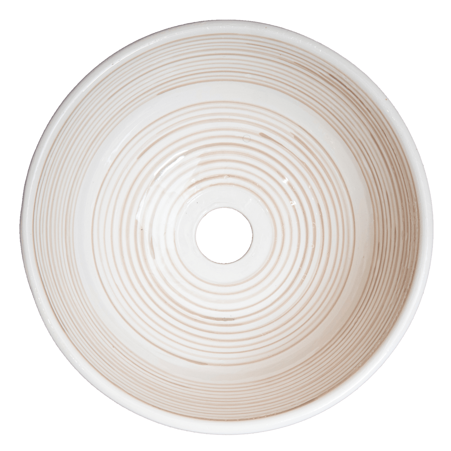 Top-down interior view of cream ceramic vessel sink showing concentric spiral ridges and central drain opening