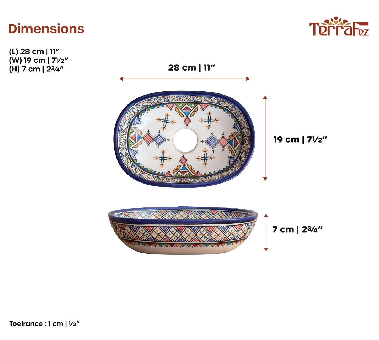 Technical dimensions diagram showing top and side view measurements of compact oval ceramic vessel sink with colorful Berber patterns and 28cm length specifications