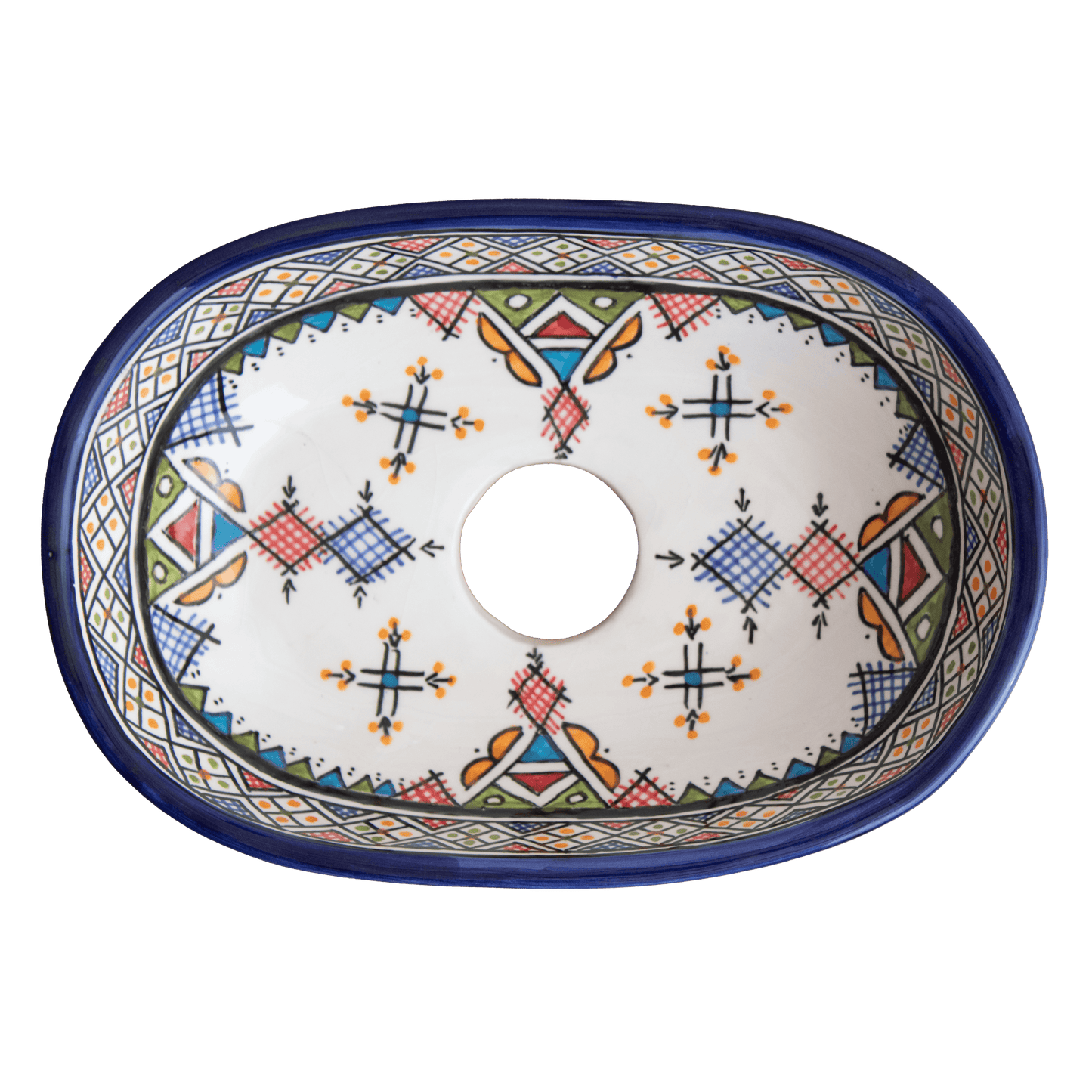 interior view of small oval ceramic vessel sink displaying intricate Berber carnival patterns with crosses, diamonds and central drain opening