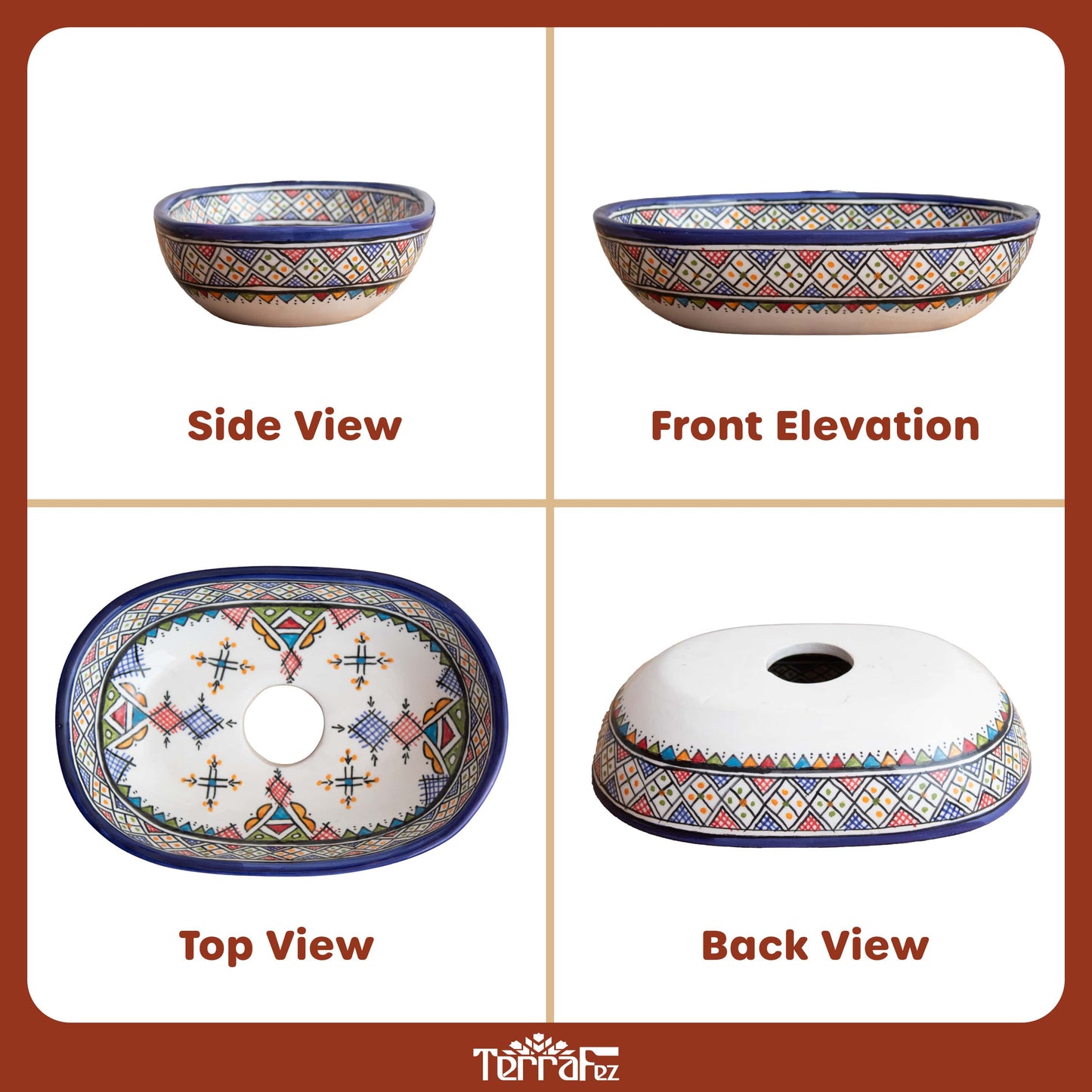 Handcrafted tiny oval ceramic vessel sink with colorful Berber carnival motifs shown in four different angles - side view, front elevation, top view, and back view