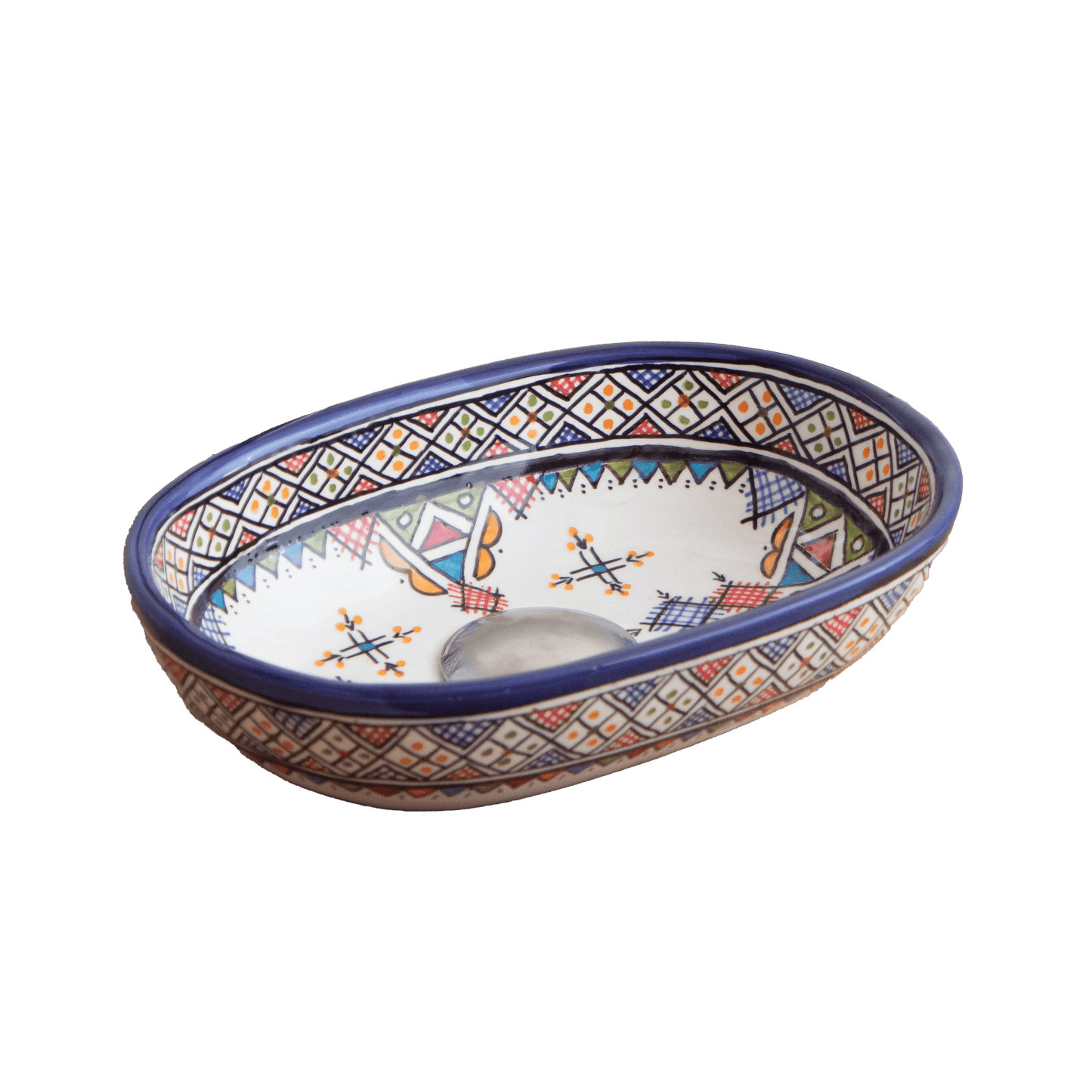 Three-quarter perspective view of compact oval ceramic vessel sink with vibrant Berber carnival motifs on white background showing complete bowl shape