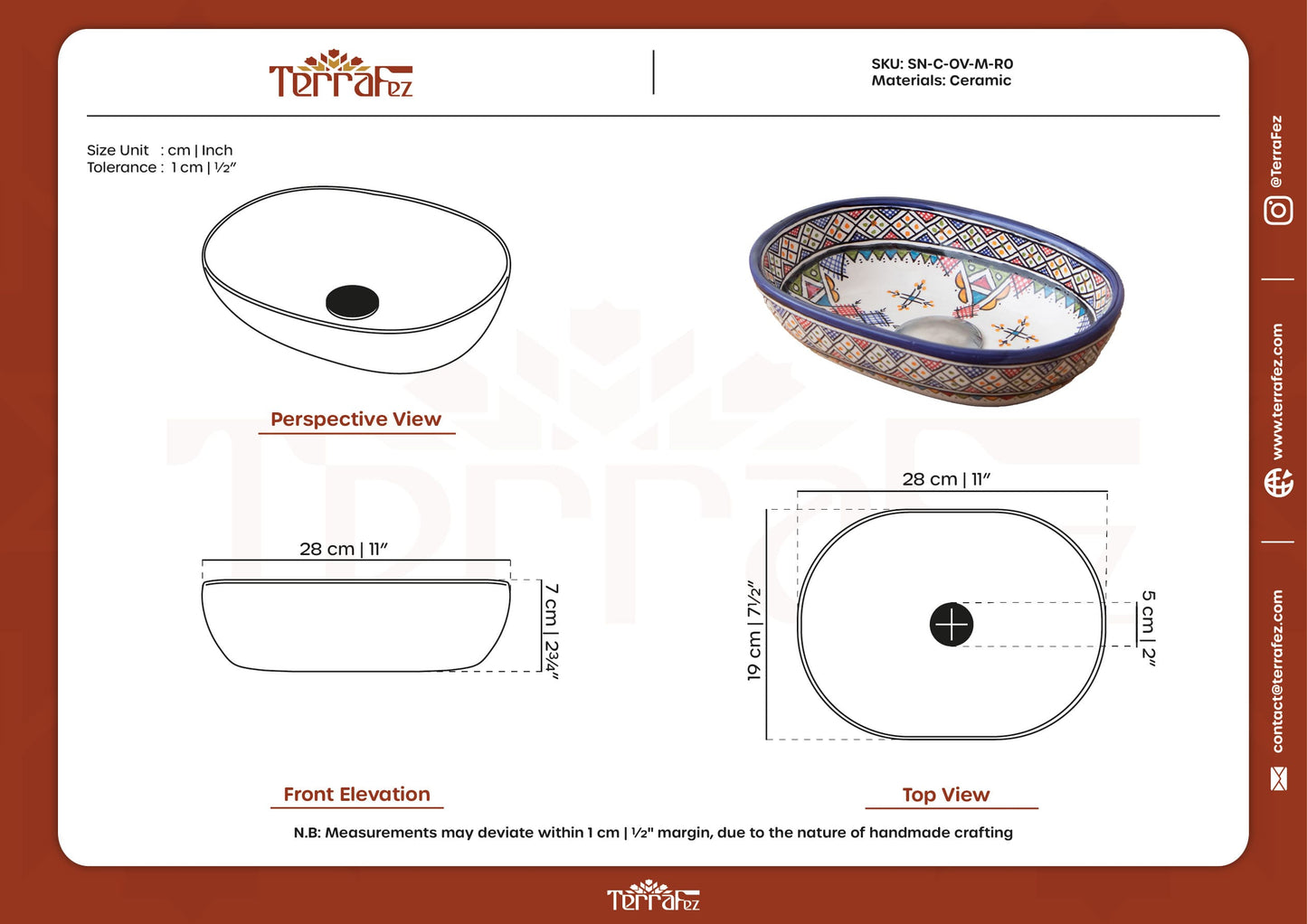 Technical drawing and specifications sheet for compact oval ceramic vessel sink with Amazigh patterns showing detailed measurements and product dimensions