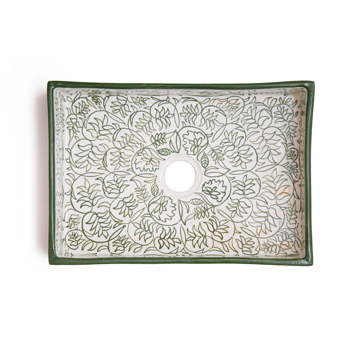 Top-down view revealing complete interior botanical pattern design of rectangular ceramic bathroom sink with centered drain opening