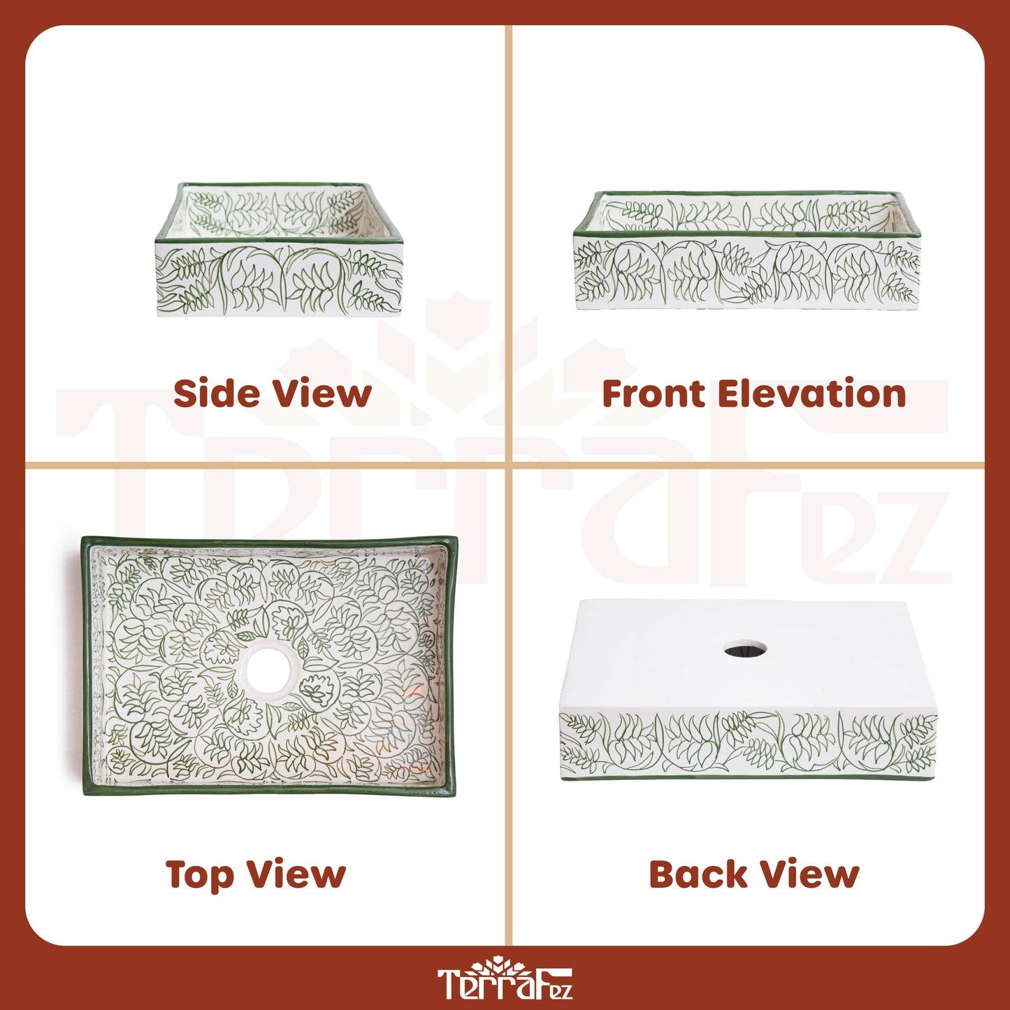 Four-panel technical diagram displaying side view, front elevation, top view, and back view of handcrafted Moroccan ceramic vessel sink