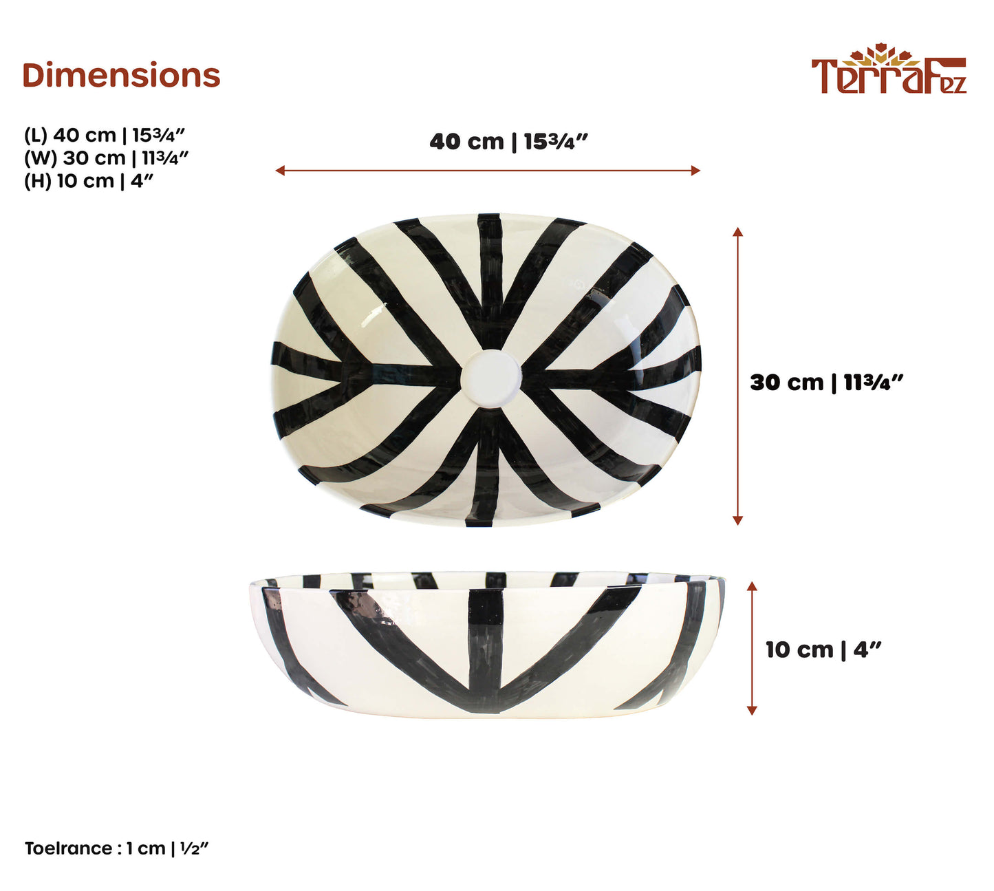Black Stripes Oval ceramic vessel sink featuring hand-painted black radiating stripes on white background. Measures 40cm x 30cm x 10cm with central drain