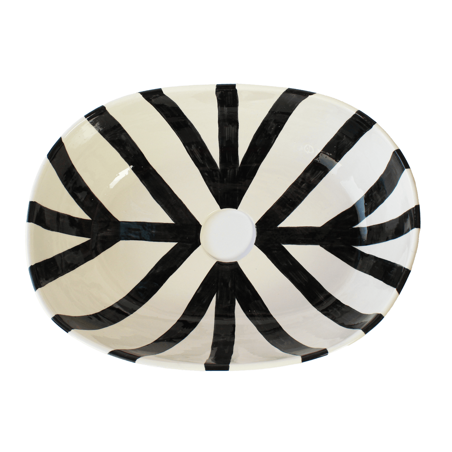 Aerial view of oval ceramic sink displaying symmetrical black stripes