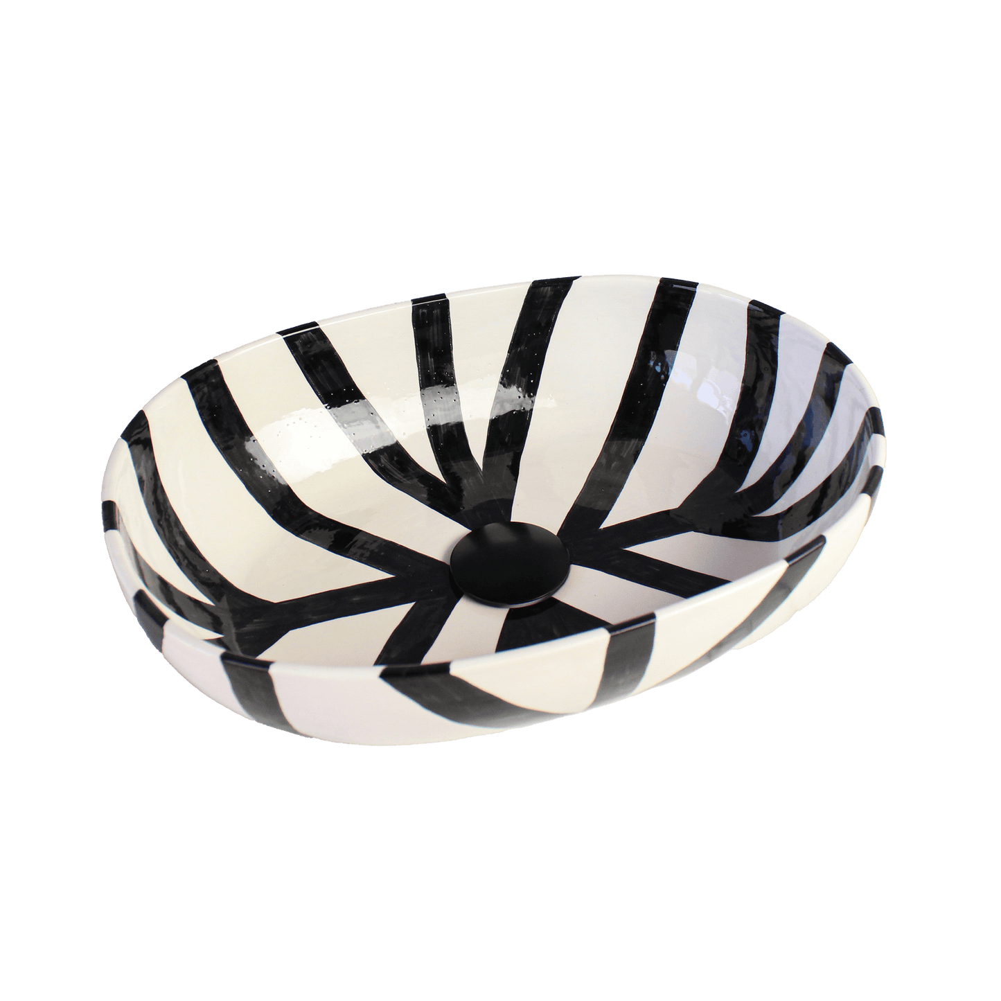 Overhead view of oval ceramic sink showing hand painted black radiating stripe pattern