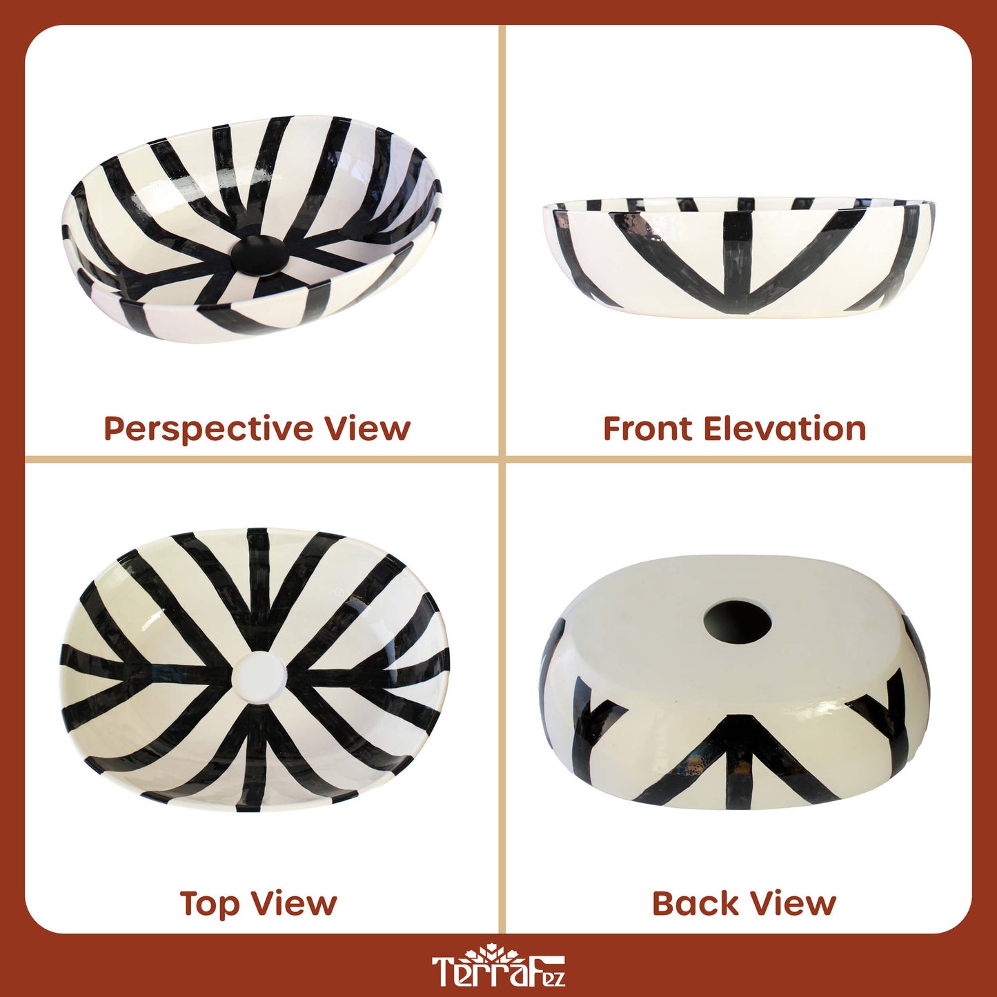 Four different angles of oval ceramic sink showing perspective, front, top, and back views
