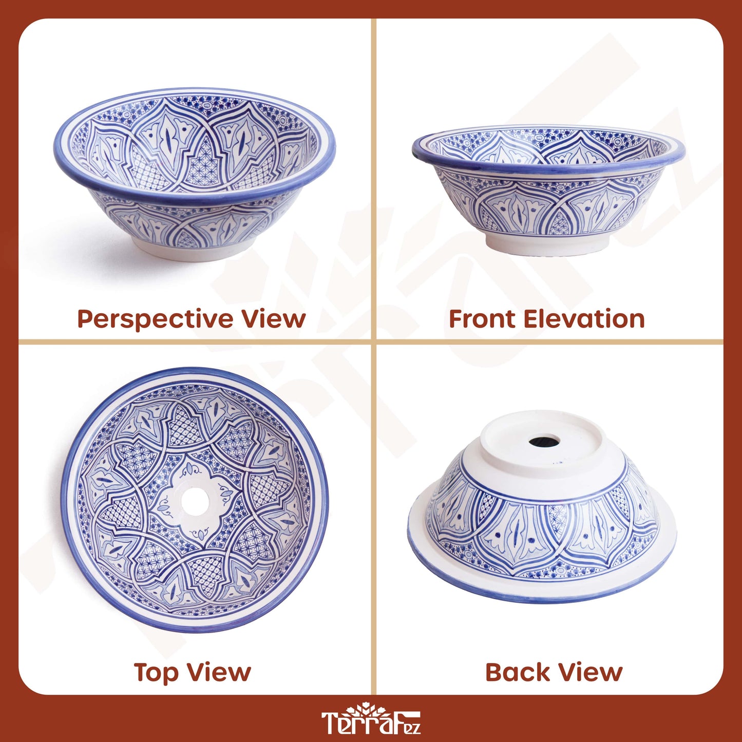 Comprehensive product documentation displaying perspective, front, top and back views of blue ceramic vessel sink