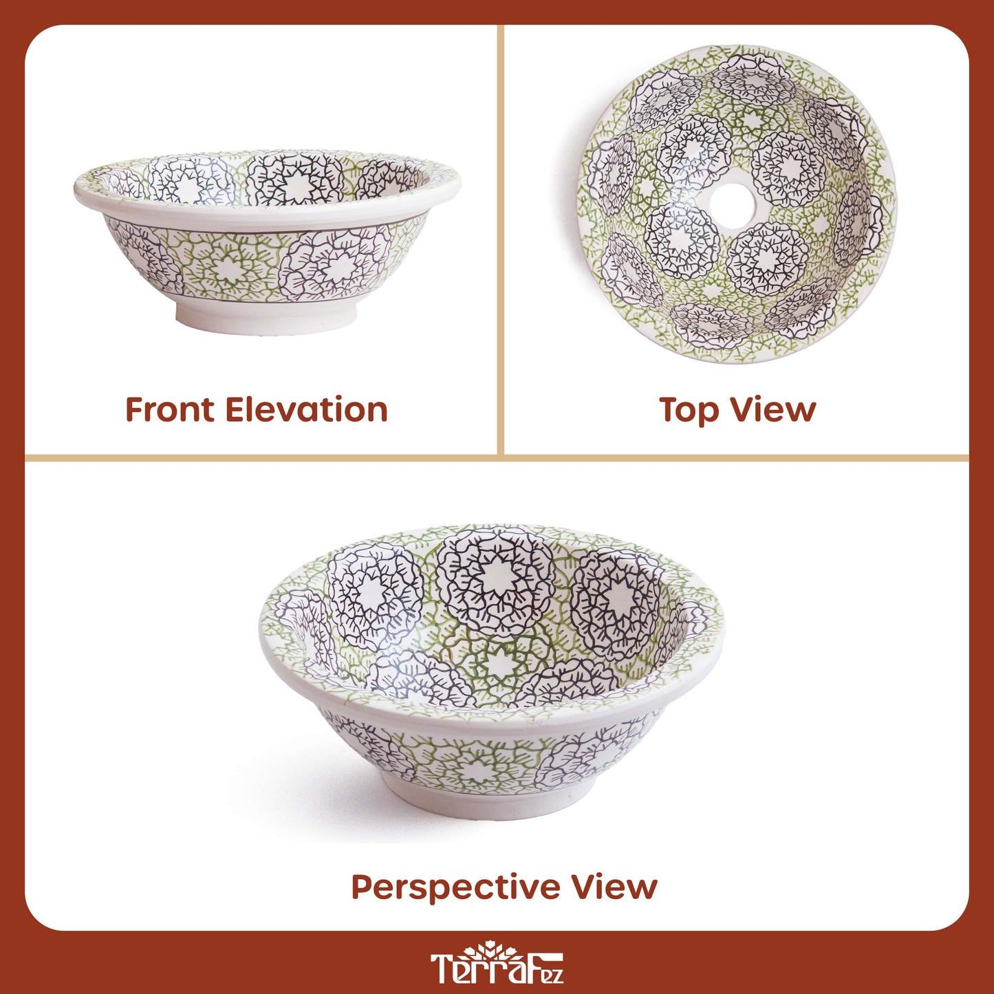 Comprehensive product documentation displaying front elevation, top view and perspective of handmade ceramic wash basin