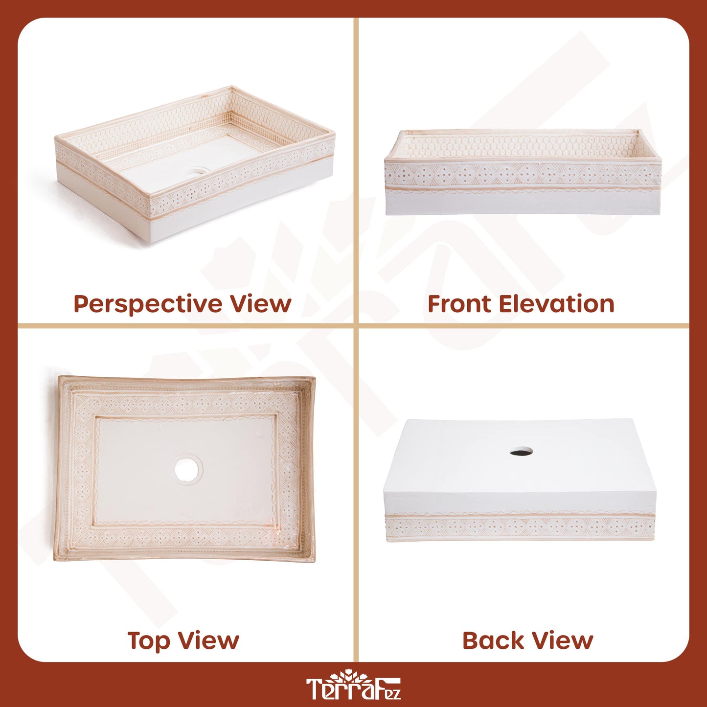 Comprehensive product documentation displaying perspective, front, top and back views of beige ceramic vessel sink