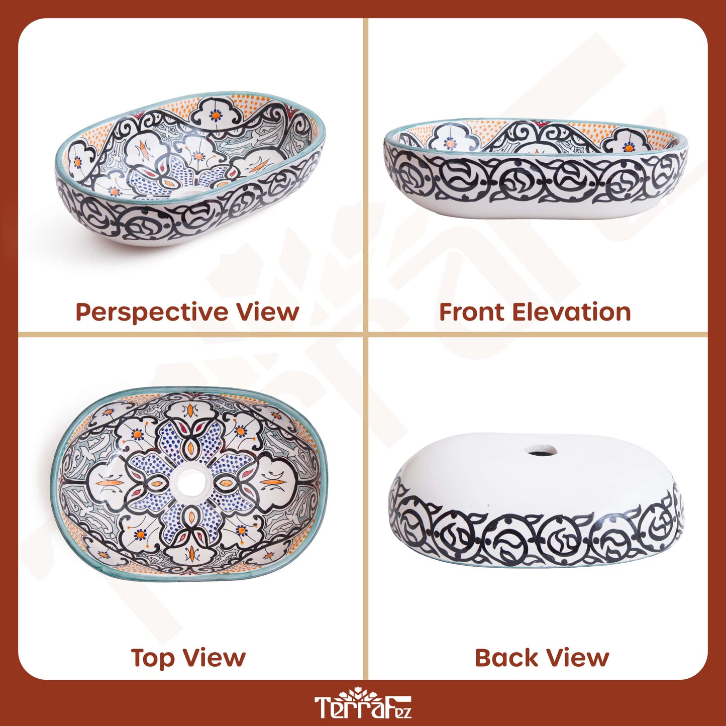 Comprehensive product documentation displaying perspective, front, top and back views of oval ceramic vessel sink