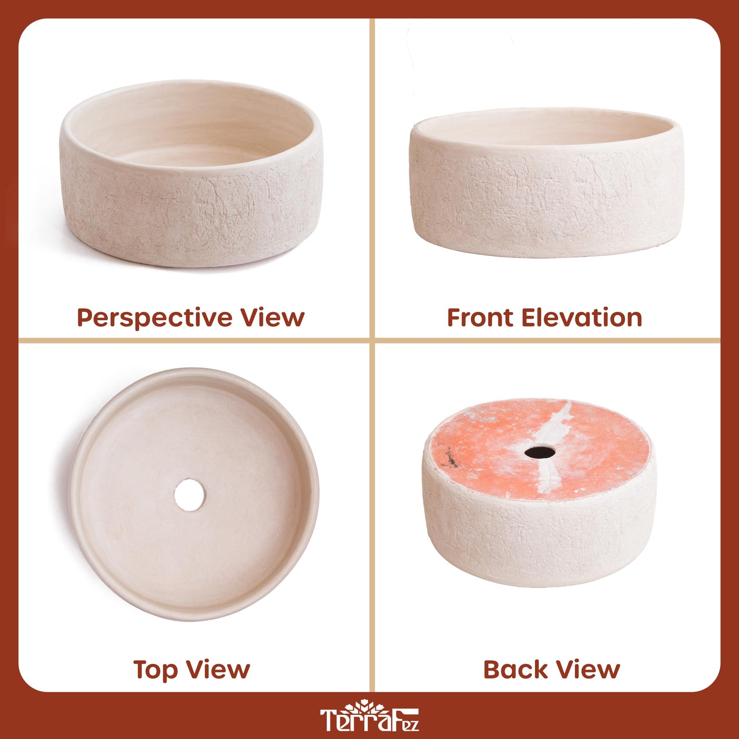 Comprehensive product documentation displaying perspective, front, top and back views of ceramic vessel sink