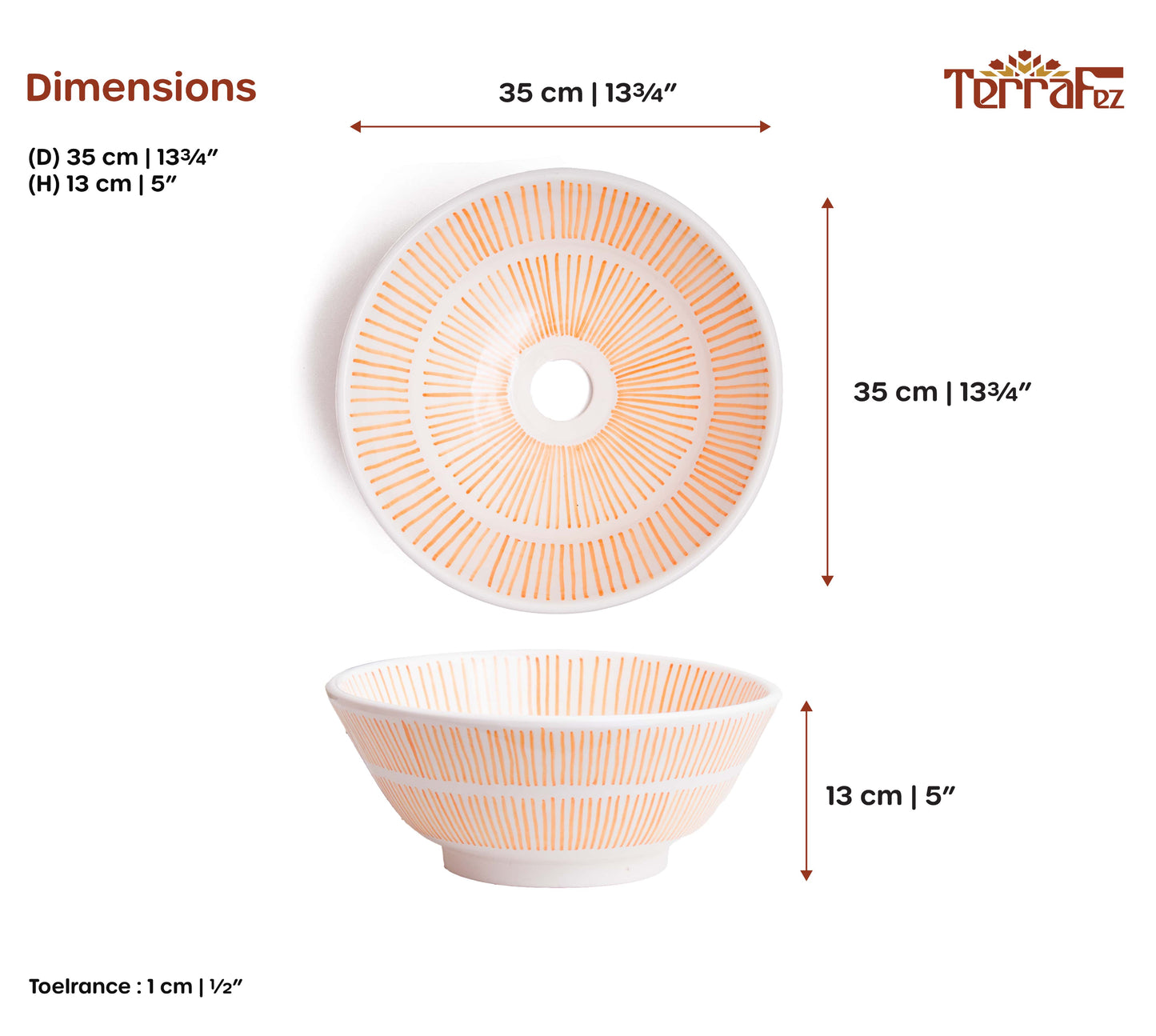 Dimensional technical diagram of round ceramic vessel sink showing 35cm diameter and 13cm height with orange radial sunburst line patterns