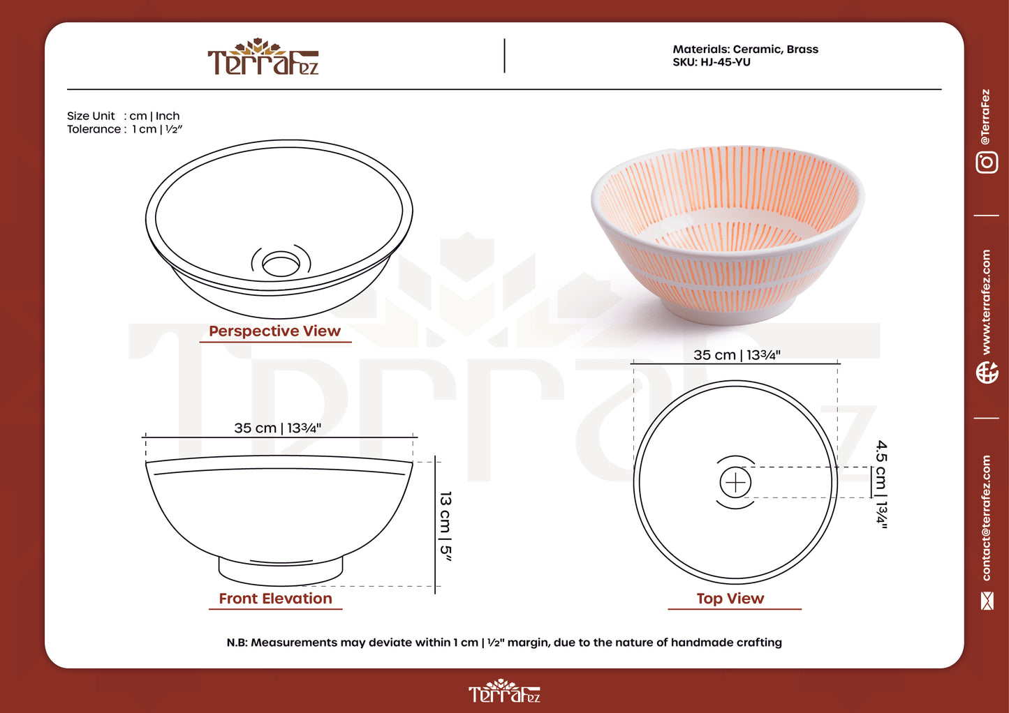 Technical specification document for handmade Moroccan round ceramic basin showing engineering drawings and product photo