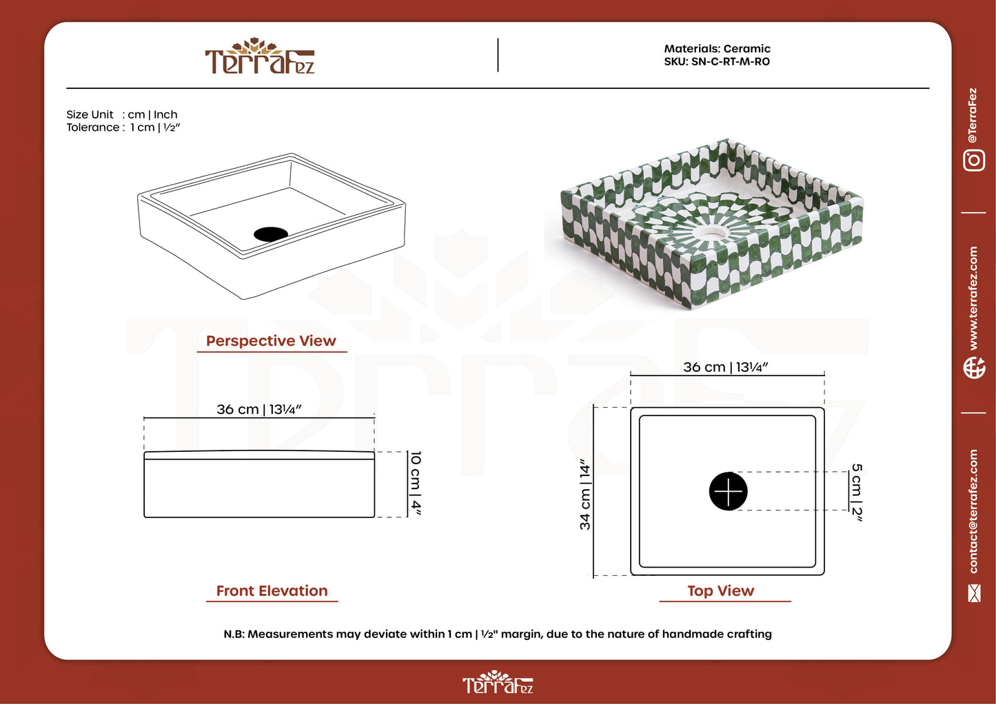 Technical specification document for handmade Moroccan square ceramic basin showing 36cm dimensions with perspective, front elevation and top view drawings