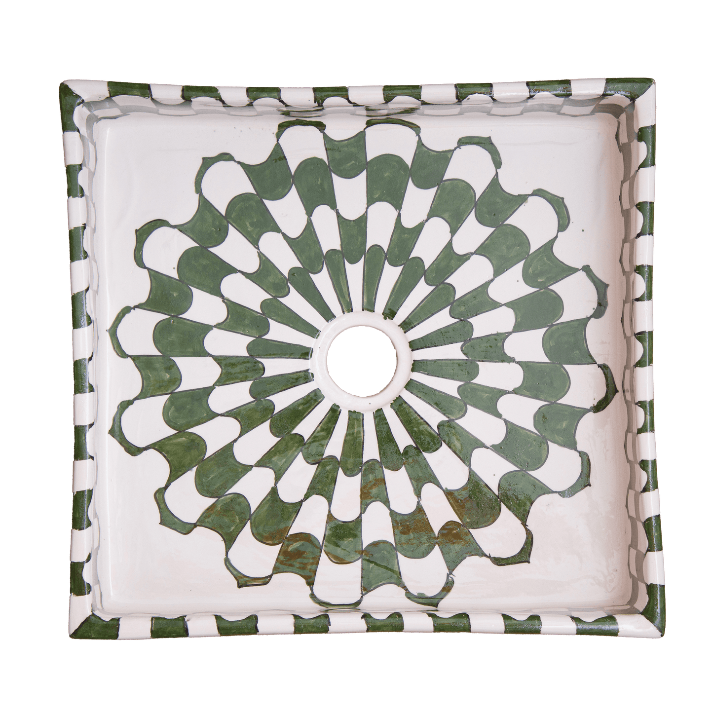 Overhead view of Moroccan square ceramic basin displaying full radial geometric pattern with central drain opening