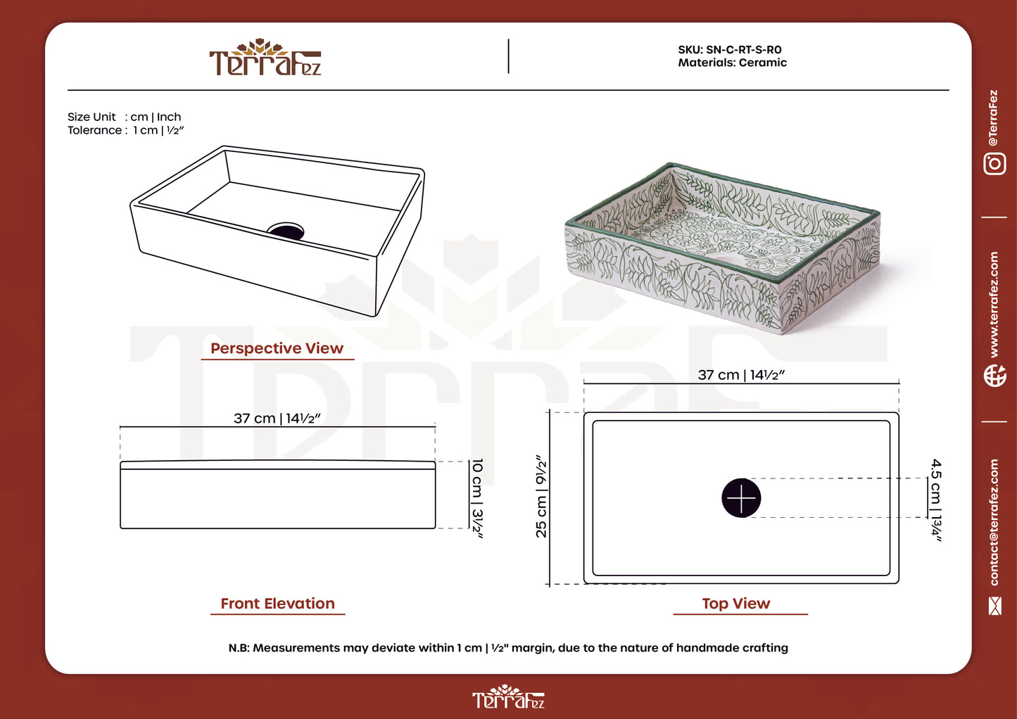 Comprehensive technical drawing sheet showing front elevation, top view, and perspective views with precise measurements of ceramic bathroom sink