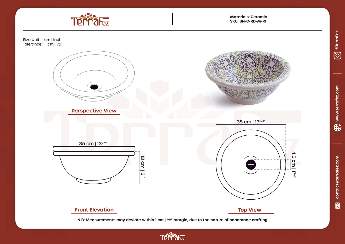 Professional technical drawings showing front elevation, top view and perspective measurements of ceramic basin