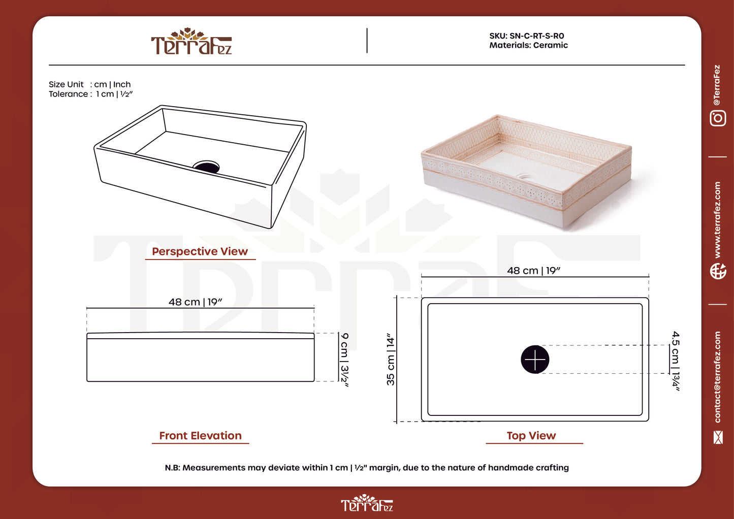 Professional technical drawings showing perspective, front elevation and top view with measurements
