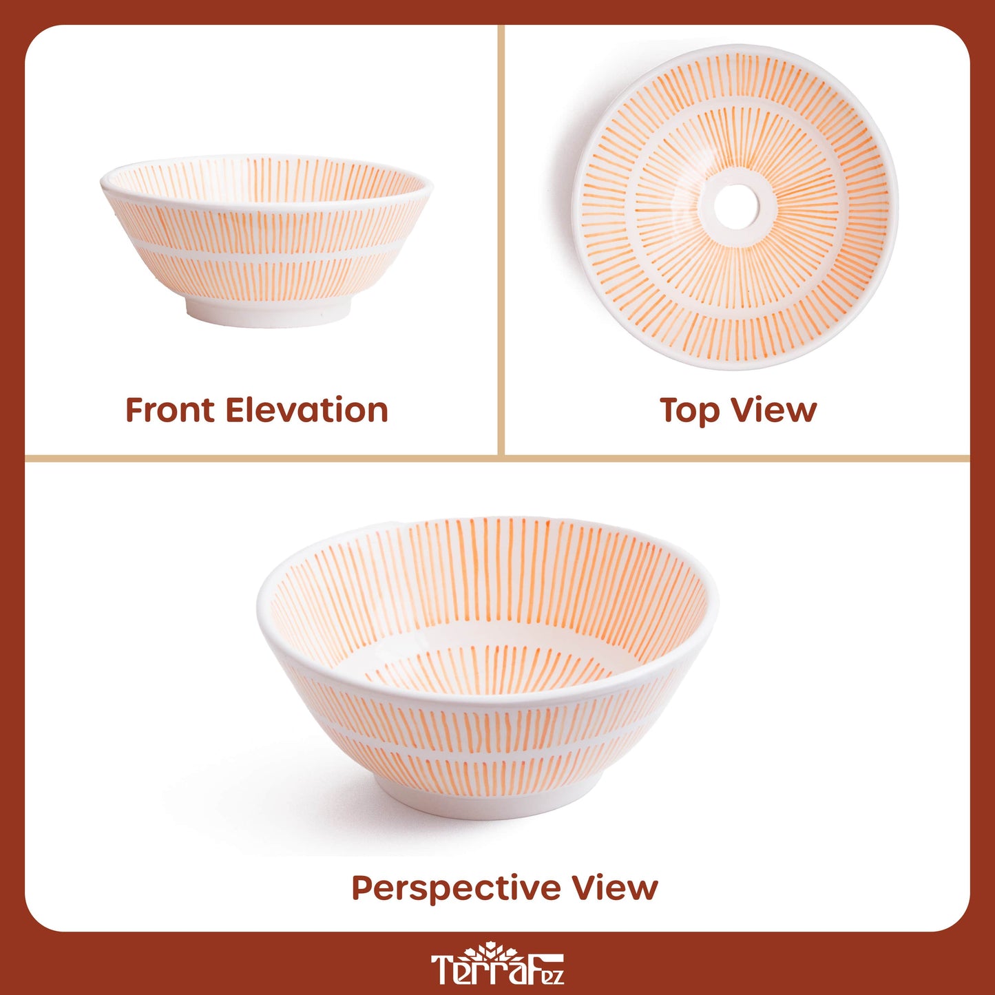 Comprehensive three-panel product photography showing front elevation, top view, and perspective view of round ceramic vessel sink