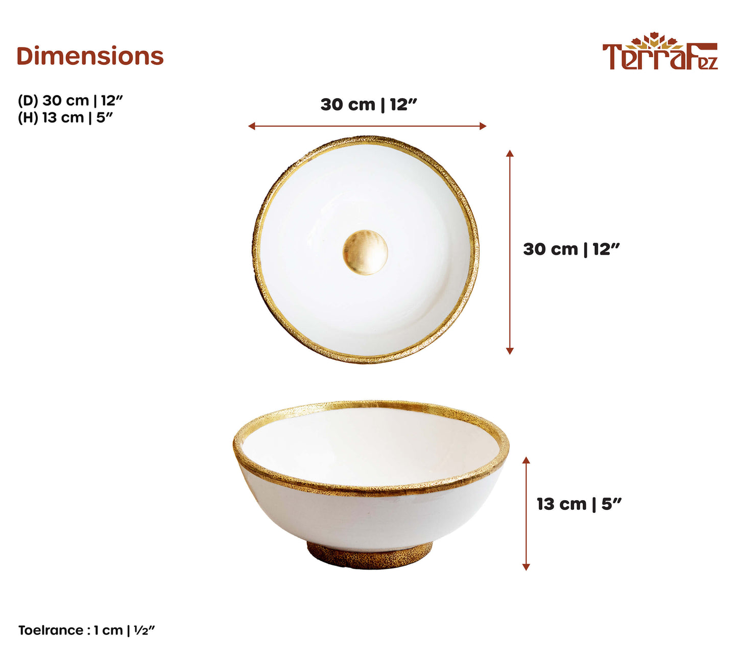 dimensions of handmade white ceramic bathroom sink, 30 cm | 12" in diameter, and 13 cm | 5" in height