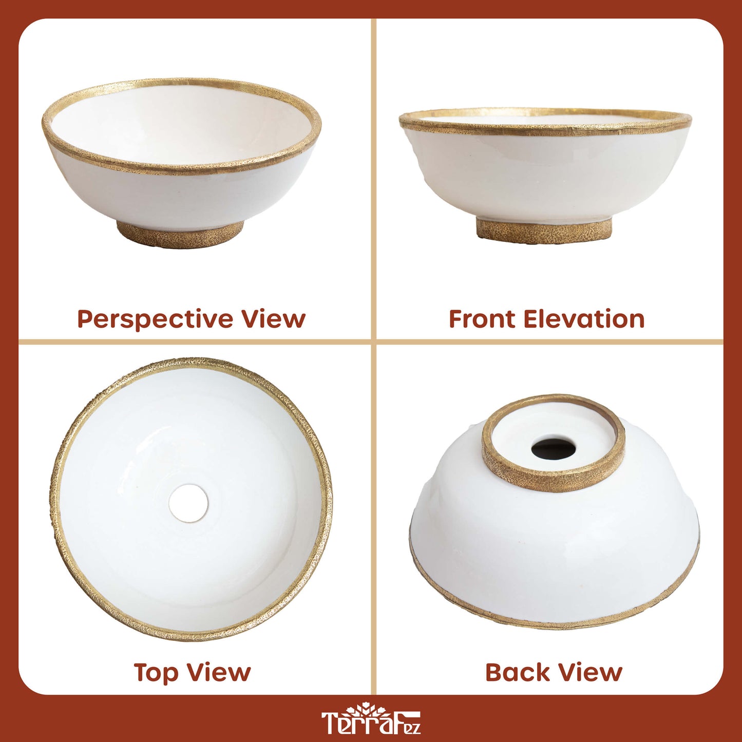 multi view of handmade Moroccan sink, front and top and back views