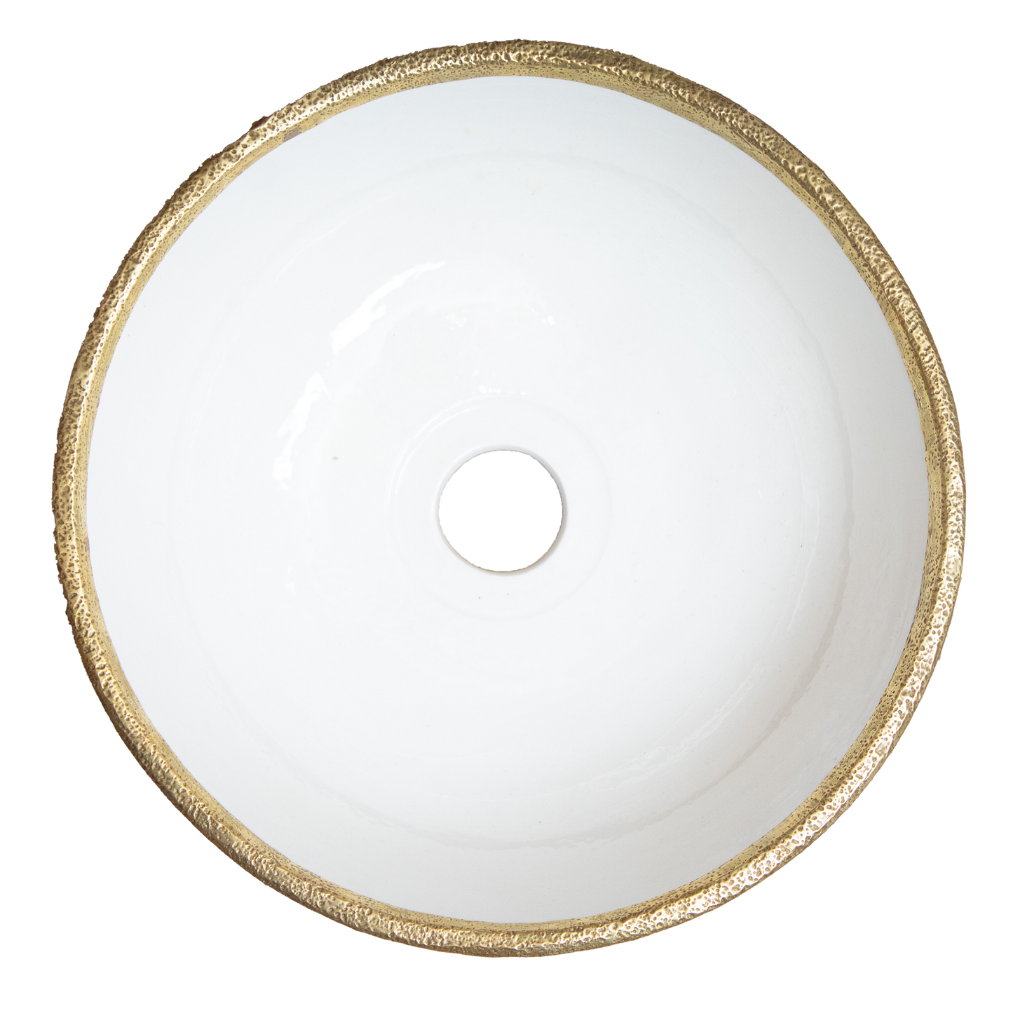 Top view of Handmade Moroccan white ceramic bowl sink with elegant brass-rimmed edge and matching brass base