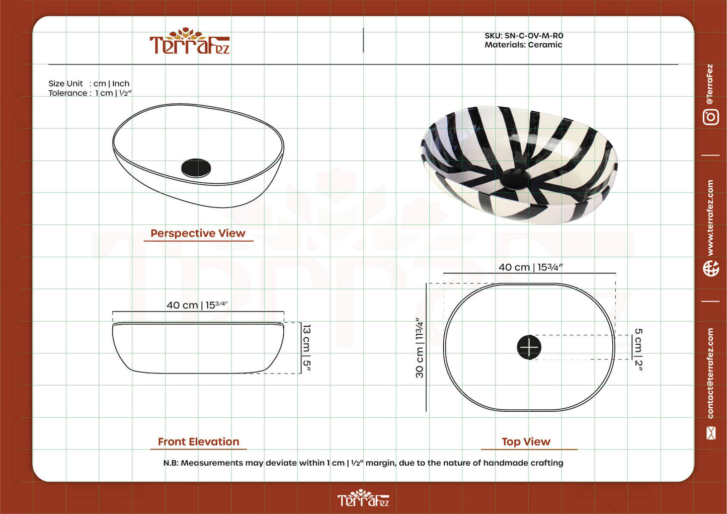 Technical diagram showing precise measurements and specifications of oval ceramic sink with product SKU