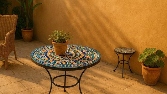 Moroccan mosaic table placed outdoor with a plant on top of it 